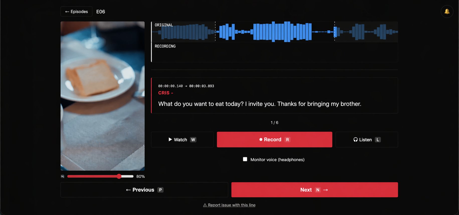 DubOS recording screen showing video, waveform and recording controls